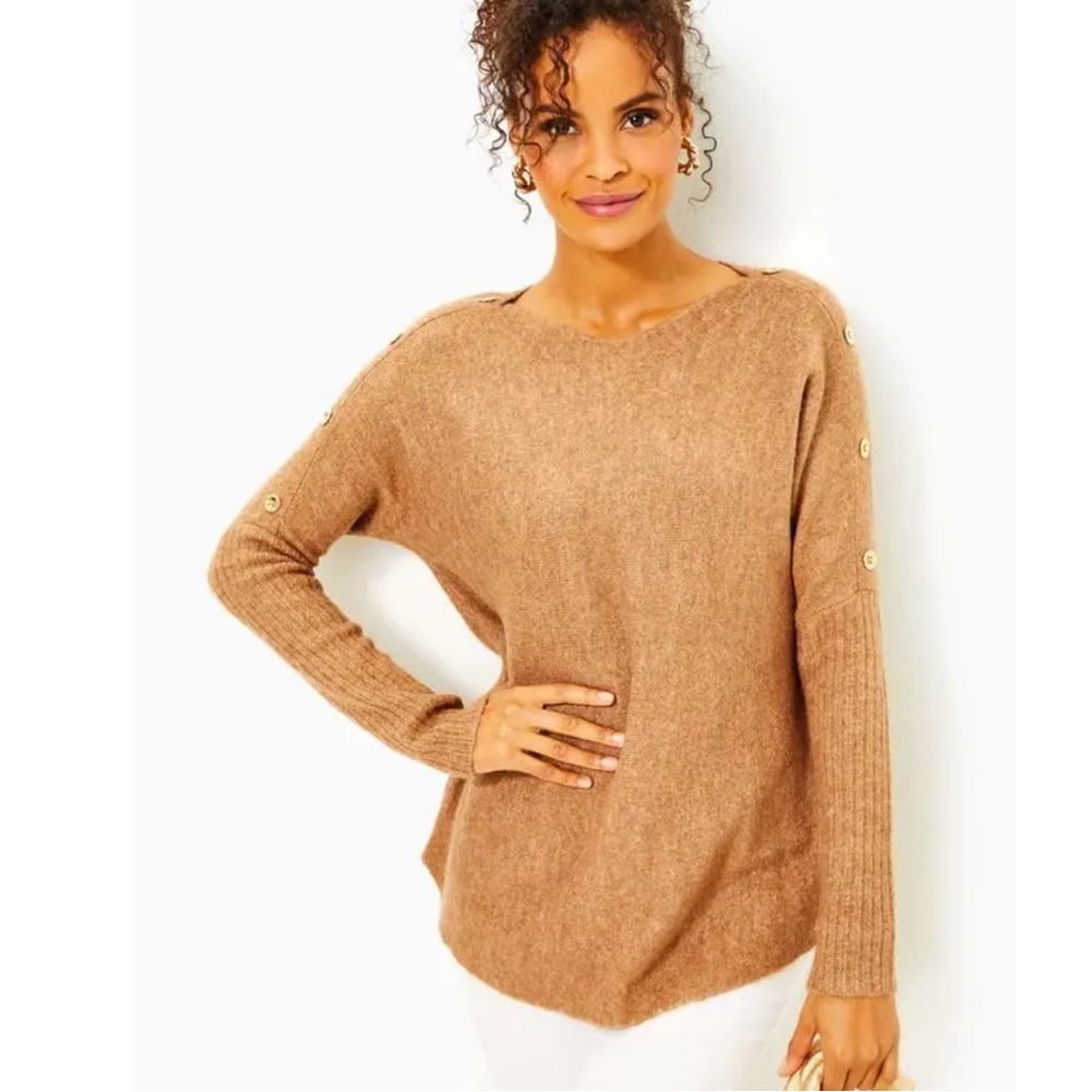 Lilly Pulitzer Arna Pullover Sweater in Tan “Heathered Rattan” Gold Buttons Sz S